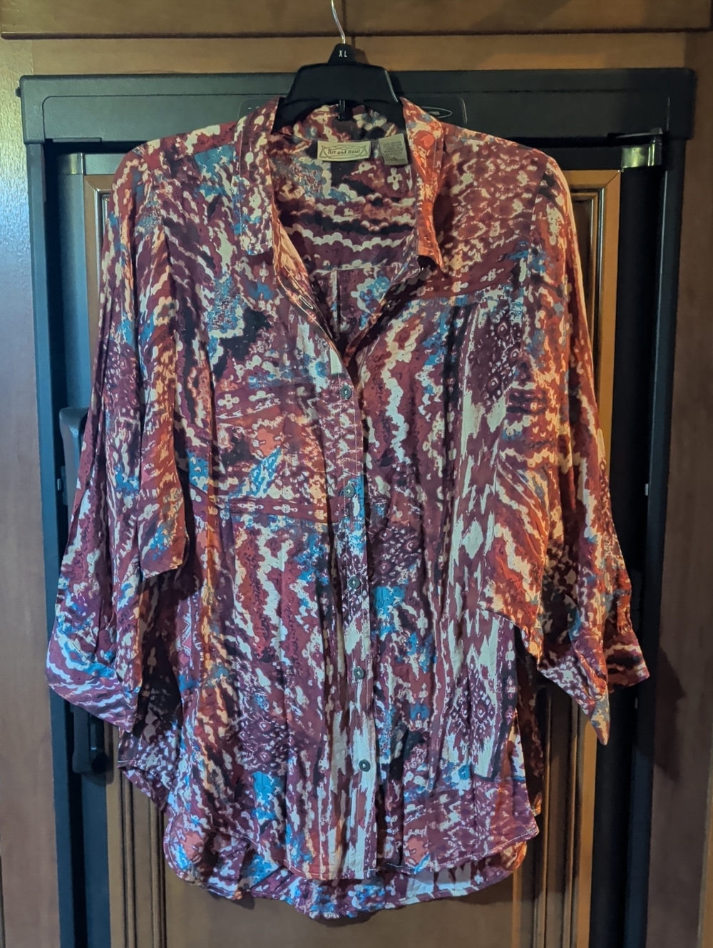 Art And Soul Maroon Rust Blue Patterned Button-Front Blouse
